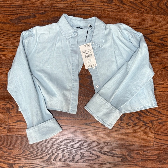 Zara - Cropped Sky Blue Casual button down Shirt - Picture 3 of 4